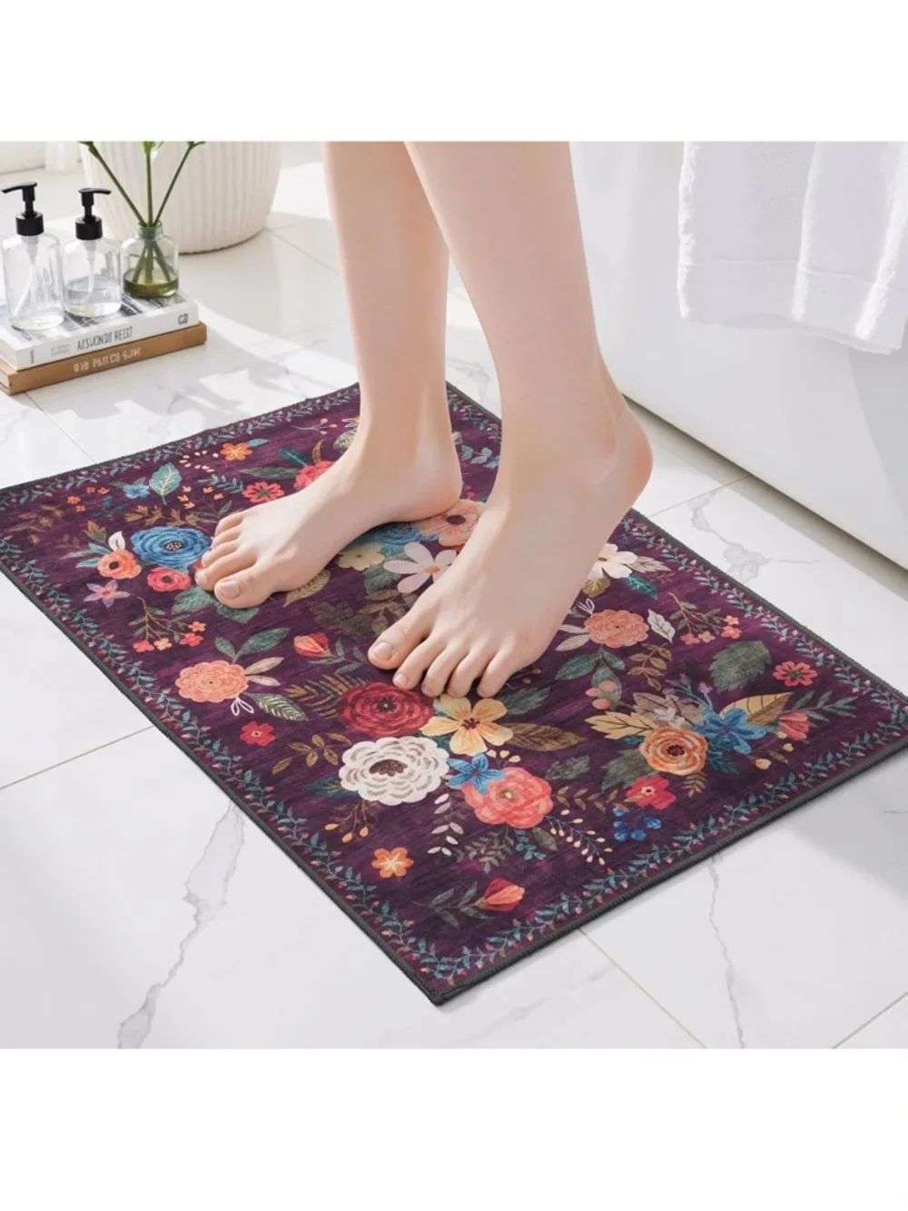 Entry Rug Bath Mat Small Rug Purple 2x1.4ft Low Pile Non-Slip Bathroom Floral A6